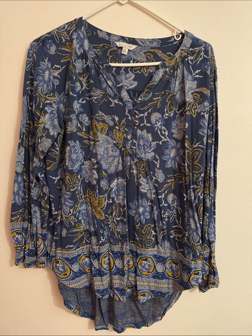 Lucky Brand Navy Floral Henley Tunic with Mustard Accents
